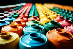 coloré des pots et des vases sont arrangé dans Lignes. généré par ai photo