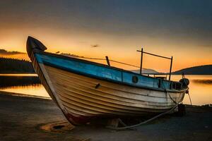 une bateau est assis sur le rive à le coucher du soleil. généré par ai photo