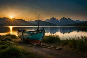 le bateau est sur le rive de une Lac à le coucher du soleil. généré par ai photo