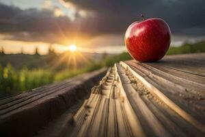 un Pomme est assis sur une en bois table dans de face de le Soleil. généré par ai photo