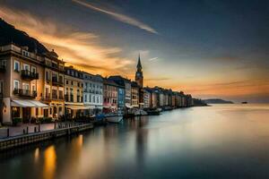 une magnifique le coucher du soleil plus de le l'eau dans Lucerne, Suisse. généré par ai photo