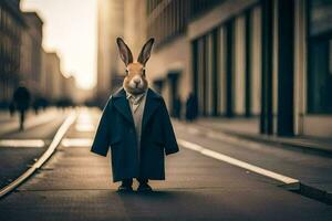 une lapin portant une manteau et attacher permanent sur une rue. généré par ai photo