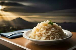 une assiette de riz avec une vue de le le coucher du soleil. généré par ai photo