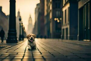 une chien en marchant vers le bas une rue dans le ville. généré par ai photo