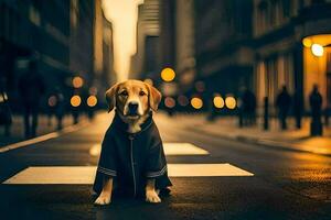 une chien dans une manteau séance sur le rue. généré par ai photo