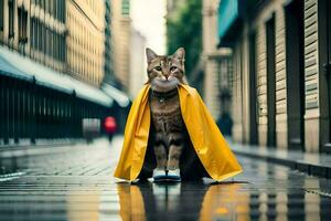 une chat portant une Jaune imperméable sur le rue. généré par ai photo