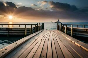 une en bois Dock pistes à le océan à le coucher du soleil. généré par ai photo