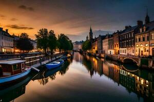 une canal dans le milieu de une ville à le coucher du soleil. généré par ai photo