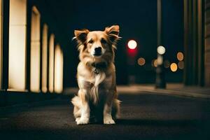 une chien séance sur le rue à nuit. généré par ai photo