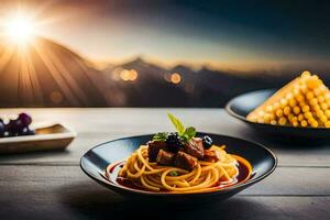 spaghetti avec Viande et des légumes dans une bol sur une table avec montagnes dans le Contexte. généré par ai photo