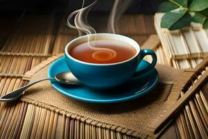 une tasse de thé sur une bambou tapis. généré par ai photo