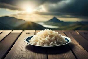 une assiette de riz sur une en bois tableau. généré par ai photo