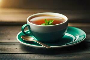 une tasse de thé sur une en bois tableau. généré par ai photo