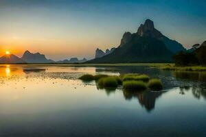 le Soleil monte plus de montagnes et l'eau dans cette photo. généré par ai photo