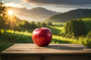 un Pomme est assis sur une en bois table dans de face de une champ. généré par ai photo