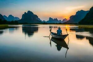 une homme dans une bateau sur le rivière à le coucher du soleil. généré par ai photo