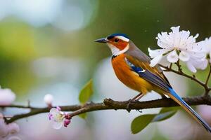 une coloré oiseau est assis sur une branche avec fleurs. généré par ai photo