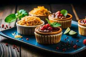 petit petits gâteaux avec fromage, fruit et herbes sur une bleu plaque. généré par ai photo