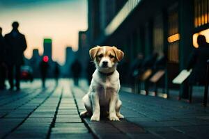 une chien séance sur le trottoir dans le ville. généré par ai photo