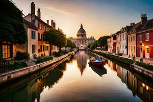 une canal avec une bateau dans de face de une bâtiment. généré par ai photo