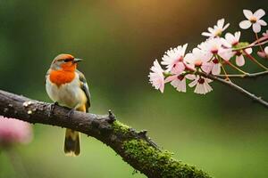 une oiseau est assis sur une branche avec rose fleurs. généré par ai photo