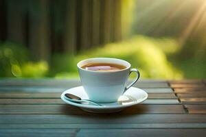 une tasse de thé sur une en bois tableau. généré par ai photo