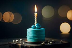 bleu anniversaire gâteau avec une allumé bougie. généré par ai photo