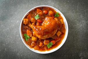 ragoût de poulet maison avec tomates, oignons, carottes et pommes de terre sur assiette photo