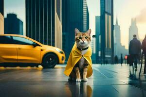 une chat portant une Jaune imperméable dans de face de une auto. généré par ai photo