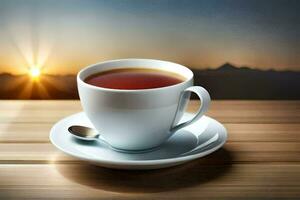 une tasse de thé sur une en bois table avec une le coucher du soleil dans le Contexte. généré par ai photo