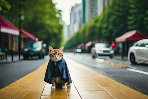 une chat portant une cap sur une rue. généré par ai photo