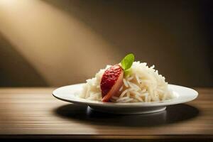 une assiette de riz avec des fraises sur Haut. généré par ai photo