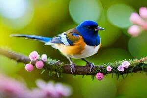 une bleu et Orange oiseau est assis sur une branche. généré par ai photo