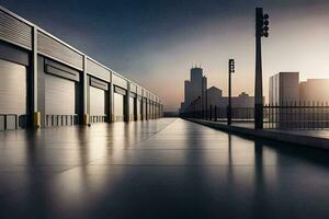 une longue passerelle avec une ville horizon dans le Contexte. généré par ai photo