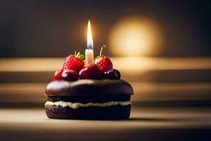 une Chocolat gâteau avec une Célibataire bougie sur Haut. généré par ai photo