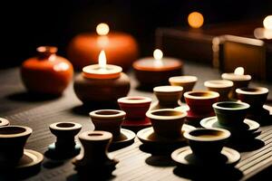 beaucoup petit thé tasses et bougies sont séance sur une tableau. généré par ai photo