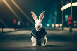 une lapin portant une costume et attacher séance sur le rue. généré par ai photo