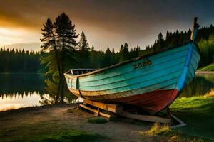 une bateau est assis sur le rive de une Lac à le coucher du soleil. généré par ai photo