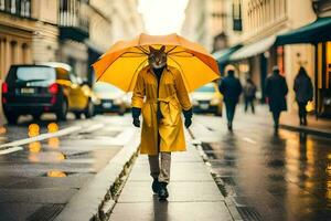 une femme dans une Jaune imperméable en marchant vers le bas une rue. généré par ai photo