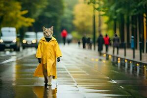 une chat dans une imperméable en marchant vers le bas une rue. généré par ai photo