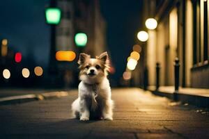 une petit chien séance sur le rue à nuit. généré par ai photo