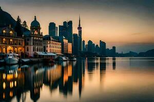 le ville horizon est réfléchi dans le l'eau à le coucher du soleil. généré par ai photo