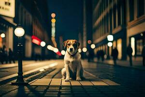 une chien séance sur le rue à nuit. généré par ai photo