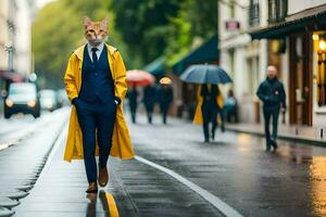 une homme dans une Jaune imperméable et costume en marchant vers le bas une rue. généré par ai photo