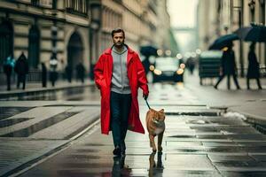 homme dans rouge manteau en marchant chien sur humide rue. généré par ai photo