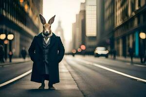 une lapin habillé dans une costume et attacher permanent dans le milieu de une ville rue. généré par ai photo