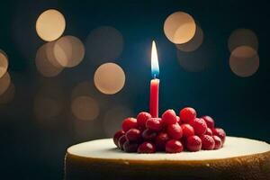 une anniversaire gâteau avec une Célibataire bougie. généré par ai photo