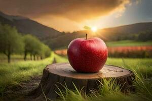 un Pomme est assis sur Haut de une souche dans une champ. généré par ai photo