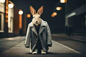 une lapin portant une manteau et attacher sur le rue. généré par ai photo