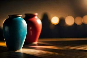 deux des vases séance sur une en bois table avec flou lumières. généré par ai photo